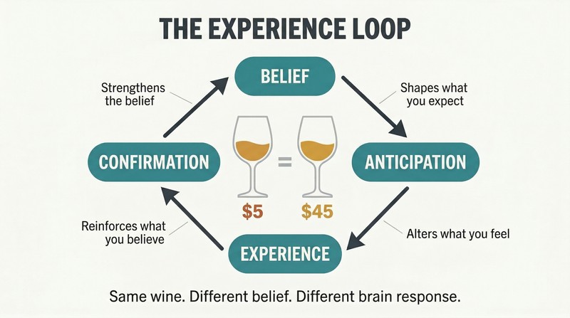 Four-stage circular loop showing how belief creates anticipation, shapes experience, and confirms itself, with two identically filled wine glasses labeled differently at center.