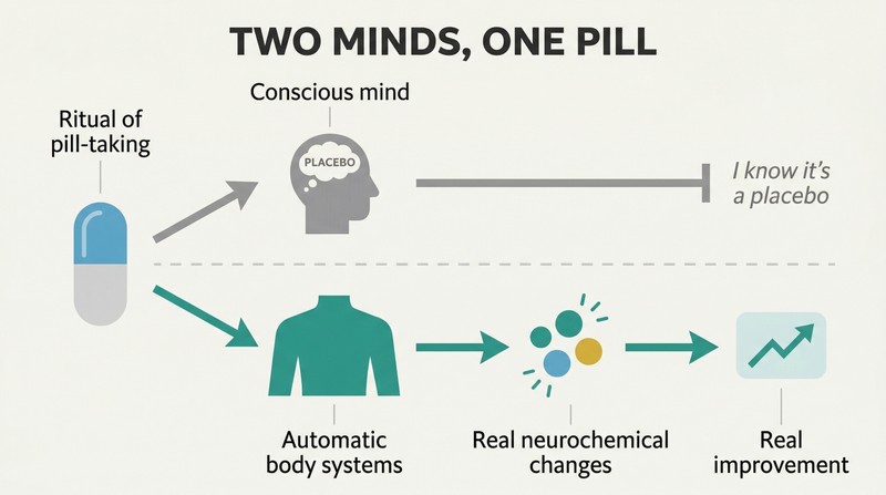 Dual-track diagram showing a pill ritual splitting into a rational awareness track and an automatic body response track, both coexisting to produce real neurochemical changes.