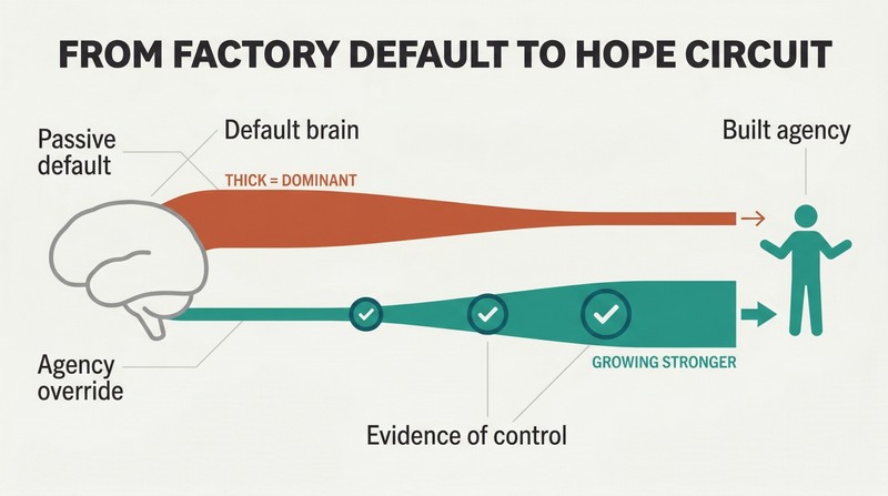 Transformation diagram showing a thin passive brain pathway being progressively overridden by a thickening teal agency pathway through repeated evidence of control.