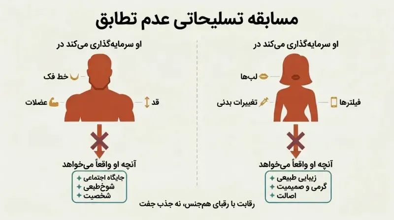 Split panel showing men and women each investing heavily in traits the other sex doesn't prioritize, with mismatched arrows revealing the disconnect.