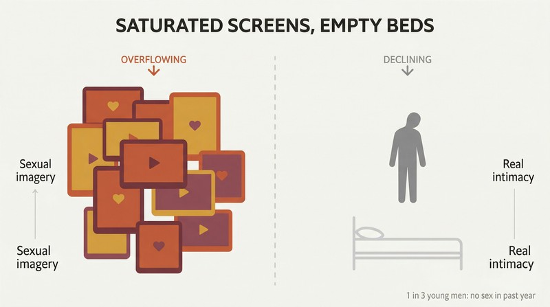 Split panel contrasting a wall of glowing screens on the left with a lone silhouette figure surrounded by empty space on the right, illustrating the paradox of abundant sexual content alongside declining real intimacy.