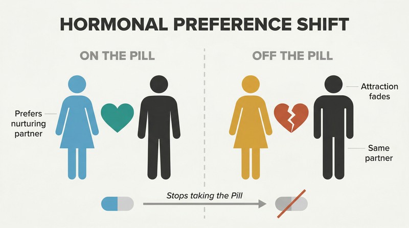 Split panel showing a woman attracted to the same partner while on the Pill but disconnected from him after stopping, illustrating how hormonal contraception alters mate preferences.