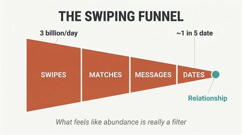 Horizontal funnel dramatically narrowing from billions of swipes on the left to a near-invisible sliver representing actual relationships on the right.