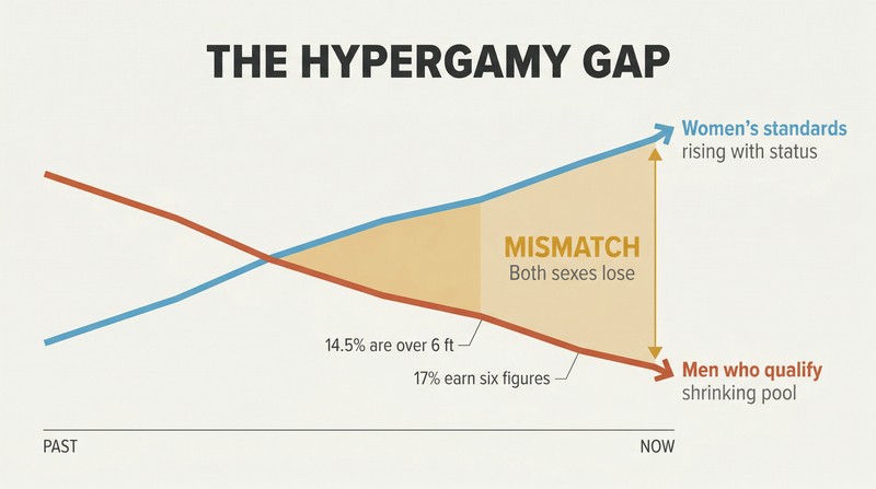 Two diverging trend lines showing women's rising standards moving upward while the pool of qualifying men shrinks downward, with the widening gap between them highlighted as a mismatch zone.