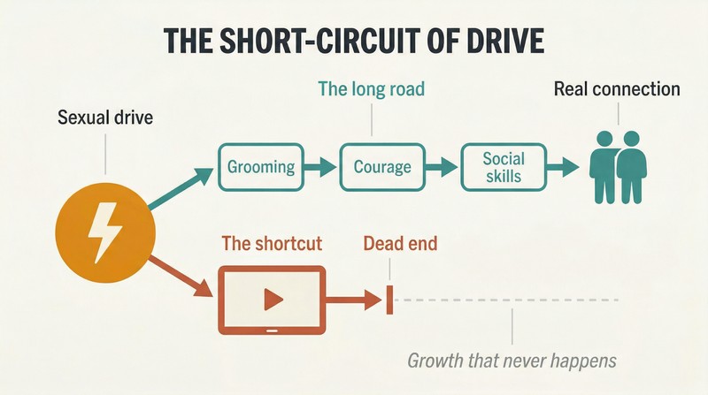 Fork diagram showing sexual drive splitting into a long productive path through self-improvement to real connection, versus a short-circuit through a screen to artificial reward that dead-ends.