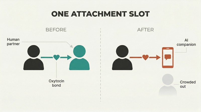 Split panel showing a person's single attachment bond shifting from a human partner on the left to a glowing phone screen on the right, with the human partner fading out.