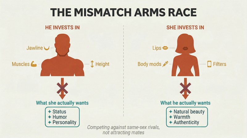 Split panel showing men and women each investing heavily in traits the other sex doesn't prioritize, with mismatched arrows revealing the disconnect.