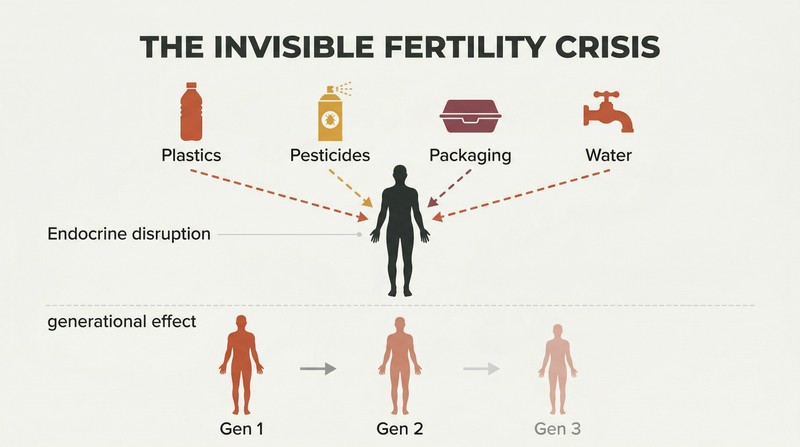 Four everyday product icons send dashed chemical streams into a human silhouette, below which three progressively smaller generational figures show compounding reproductive decline.