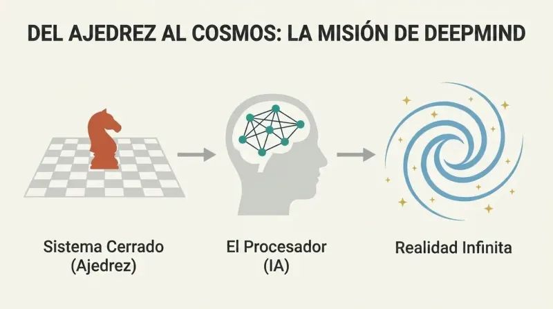 Horizontal progression diagram showing a chessboard transforming into a neural network brain profile, which then expands into a cosmic spiral galaxy.