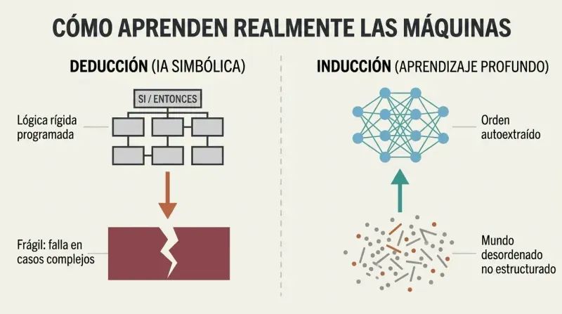 Split diagram comparing top-down symbolic rules that fail in real-world complexity against bottom-up inductive learning that extracts patterns from raw data.