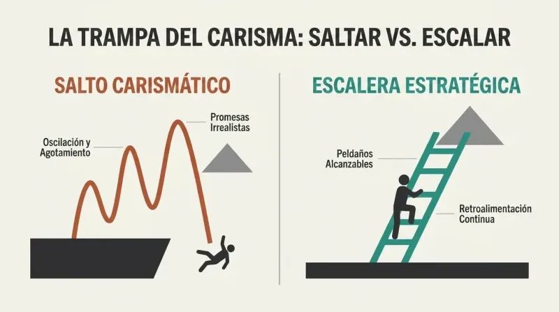 Comparison diagram showing a wild, failing trajectory of a charismatic leap next to a stable climb up a ladder.