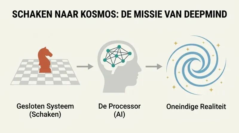 Horizontal progression diagram showing a chessboard transforming into a neural network brain profile, which then expands into a cosmic spiral galaxy.