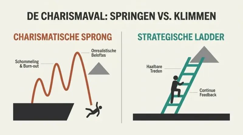 Comparison diagram showing a wild, failing trajectory of a charismatic leap next to a stable climb up a ladder.