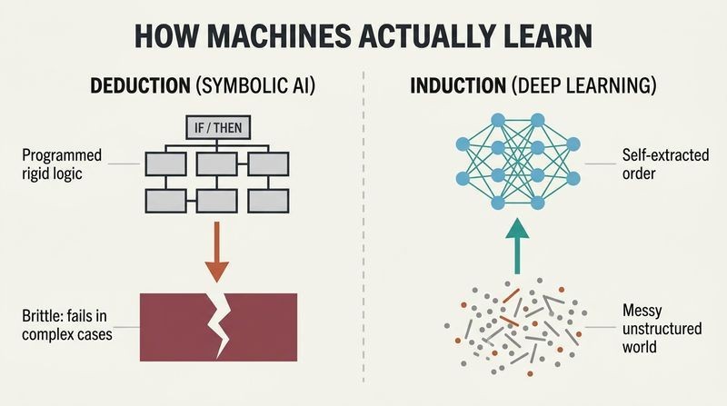 Split diagram comparing top-down symbolic rules that fail in real-world complexity against bottom-up inductive learning that extracts patterns from raw data.