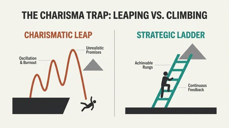 Comparison diagram showing a wild, failing trajectory of a charismatic leap next to a stable climb up a ladder.