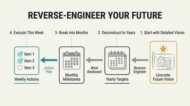 Deconstruction diagram showing a detailed golden future vision on the right, broken down via reverse arrows pointing left into yearly, monthly, and weekly actionable checklists.