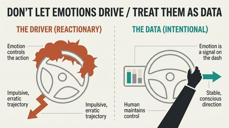 Split panel diagram comparing a chaotic terracotta path where an emotion directly controls a steering wheel, against a calm teal path where a human drives while viewing the emotion as data on a dashboard gauge.
