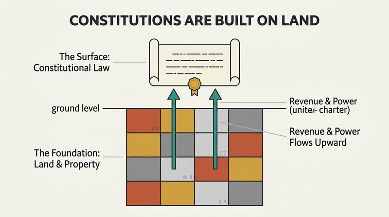 A layered cross-section diagram showing constitutional law as a surface parchment scroll resting on a deep foundation of land parcels and real property grids.