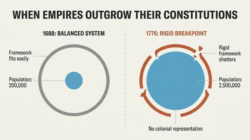 A two-panel diagram contrasting a balanced empire in 1688 with an overpopulated, shattered empire in 1776.