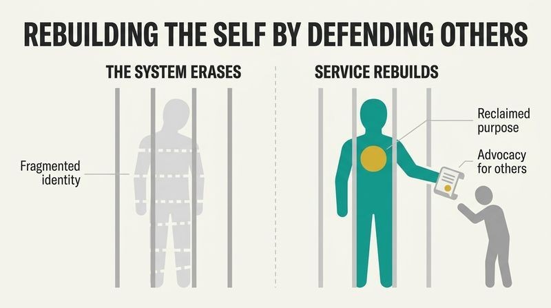 Split panel diagram contrasting a faded silhouette erased by prison bars with a solid teal silhouette restored by handing legal aid to another.