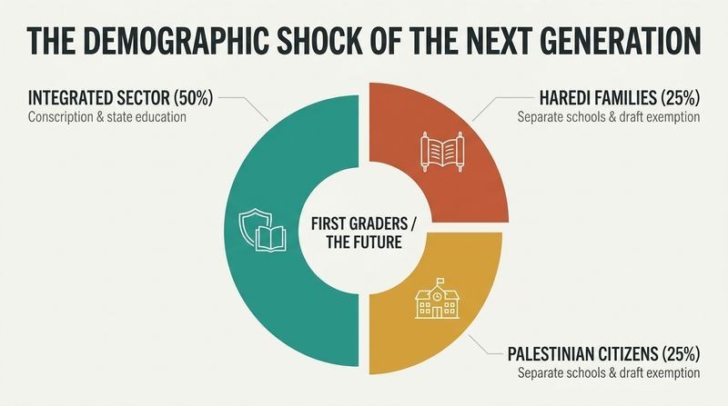 An exploded donut chart showing how 50% of the next generation belongs to groups opted out of the state project, with Haredi and Palestinian wedges physically separated from the integrated core.