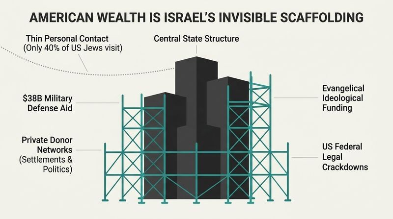 Infographic showing a central solid monument representing Israel held upright and stabilized by a massive external framework of teal structural scaffolding representing American military, political, and legal support.