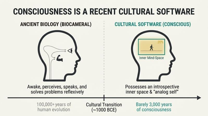 Split panel timeline showing that human consciousness is a culturally learned software layer invented only 3,000 years ago, rather than ancient biological hardware.