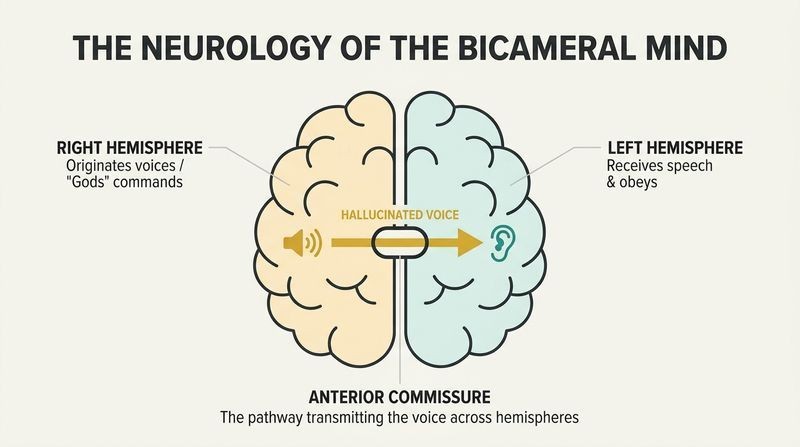 Stylized overhead diagram of a split brain showing auditory command flow from the right hemisphere to the left hemisphere.