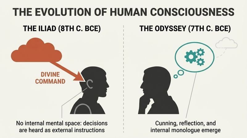Split comparison showing the bicameral mind of the Iliad directed by external divine command versus the conscious mind of the Odyssey directed by internal thought and reflection.