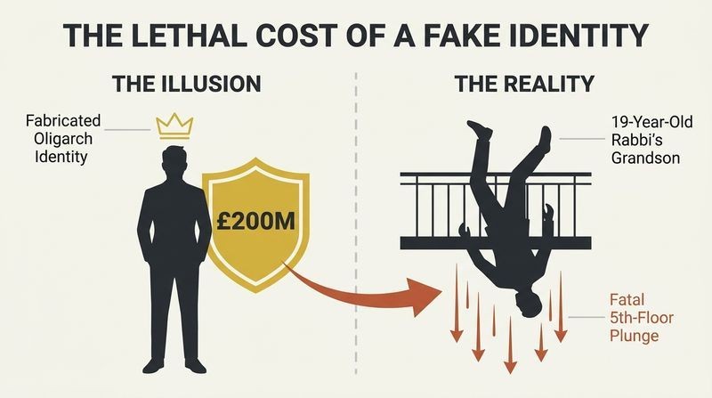 Split-panel diagram contrasting a teenager's fabricated £200 million oligarch identity with the tragic reality of his fatal fall from a luxury balcony.