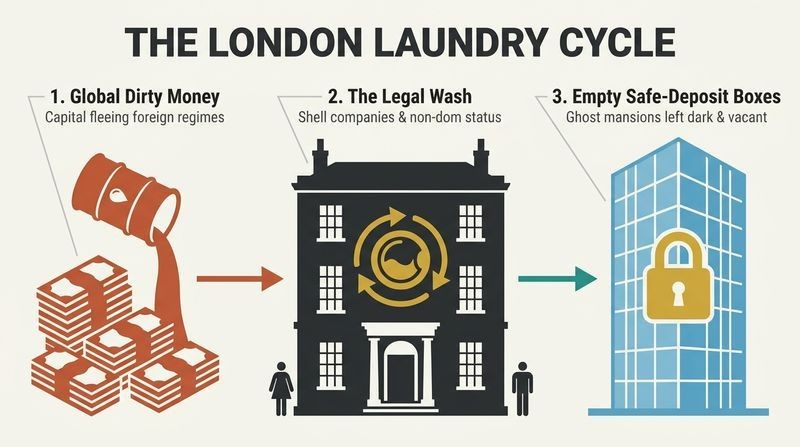 A three-step pipeline diagram illustrating how raw illicit global capital is channeled through London's legal loopholes and emerges as vacant luxury real estate.