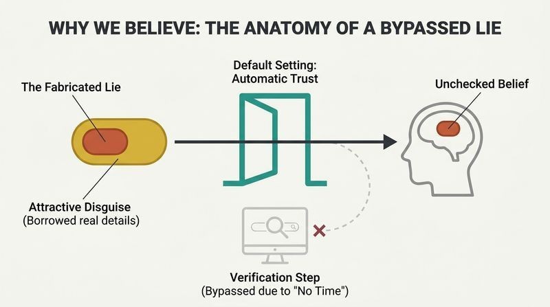 Process flow diagram showing how a fabricated lie, disguised with realistic social shortcuts, easily bypasses basic web verification and enters our cognitive default state of automatic trust.