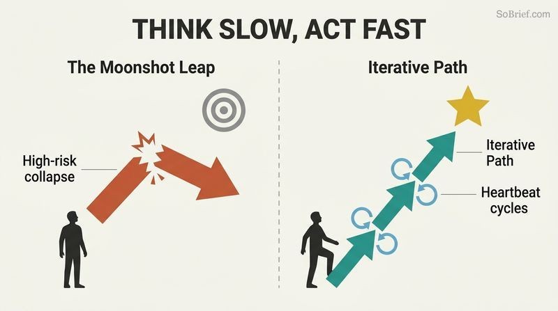 A split-panel diagram comparing a failed giant moonshot leap to a successful, step-by-step staircase path of small testable sprints with heartbeat review cycles.