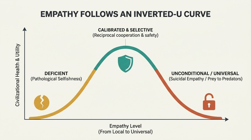 An inverted-U curve graph demonstrating that while low empathy is destructive, excessive and indiscriminate empathy is equally pathological, whereas selectively calibrated empathy ensures optimal civilizational health.