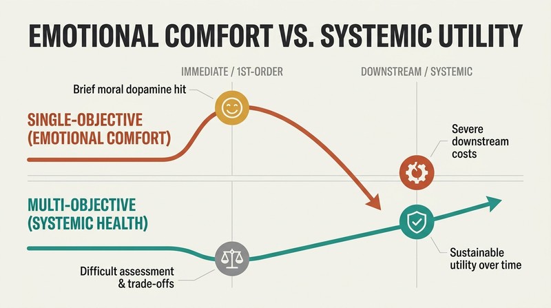 Split timeline diagram showing how prioritizing immediate emotional comfort leads to long-term systemic ruin, while taking trade-offs into account yields sustainable systemic health.