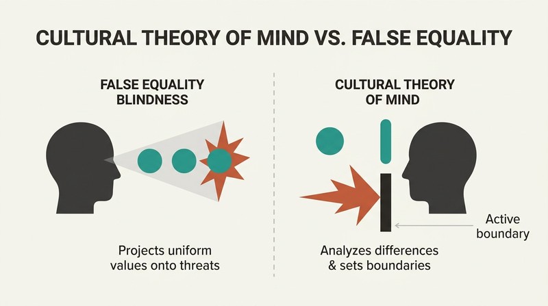 A split-panel diagram comparing a mind blinded by false equality projection against a diagnostic cultural theory of mind.
