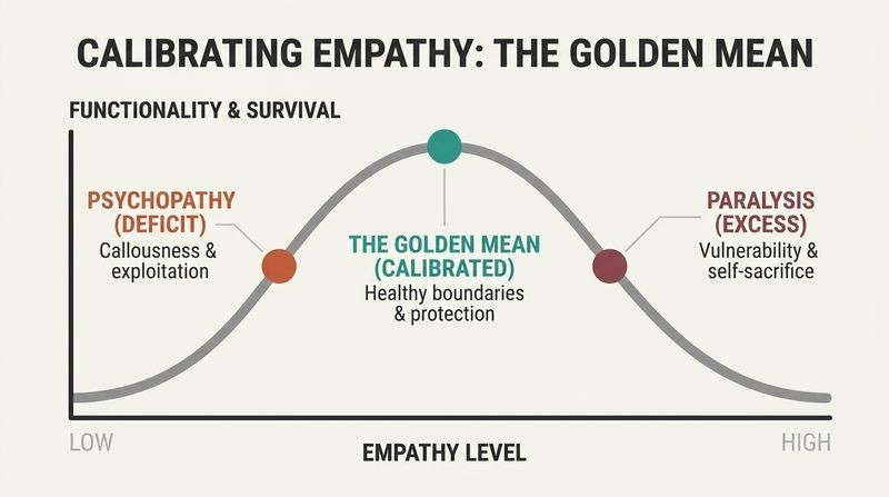 Inverted-U curve graph demonstrating how empathy levels impact survival and functionality, peaking at a calibrated Golden Mean, while deficits cause psychopathy and excesses cause paralysis.