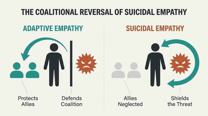 Split-panel diagram showing healthy adaptive empathy protecting allies and blocking threats, contrasted with suicidal empathy protecting threats and neglecting allies.