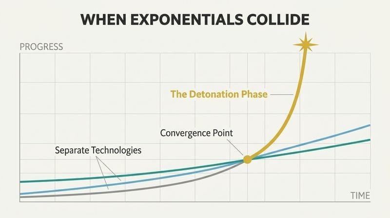 A vector line graph showing three separate colorful technology curves converging at a single point and detonating into a vertical gold spike of hyper-acceleration.