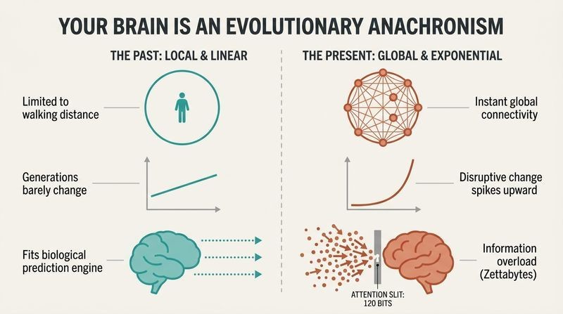 Split diagram comparing the local, linear world the human brain evolved for against the chaotic, global, exponential world it faces today.