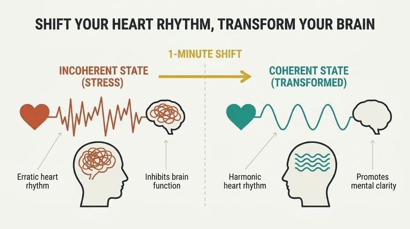 Split-panel diagram comparing an erratic stress state with a jagged heart rhythm and chaotic brain to a coherent state with a smooth heart rhythm and calm brain.