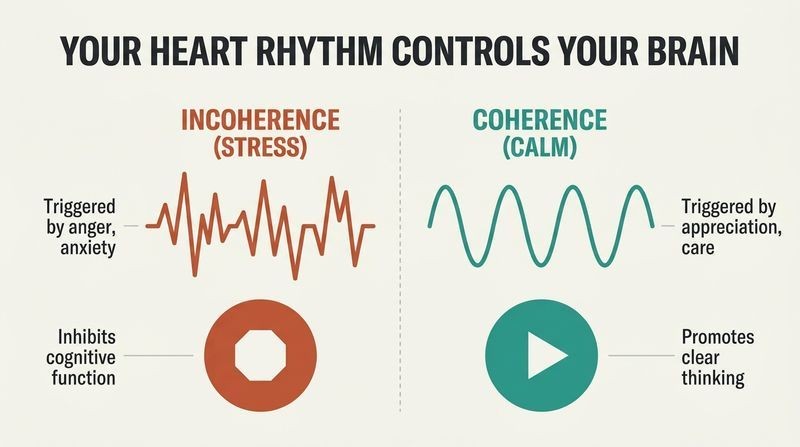 Split panel diagram contrasting jagged, chaotic heart rhythms of stress with smooth, coherent rhythms of calm.