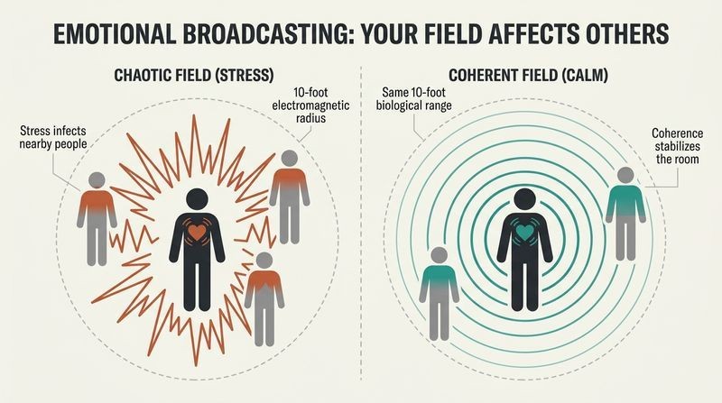 Split panel diagram comparing a stressed person broadcasting chaotic terracotta waves to nearby people, versus a calm person broadcasting organized teal waves that stabilize others within a ten-foot radius.