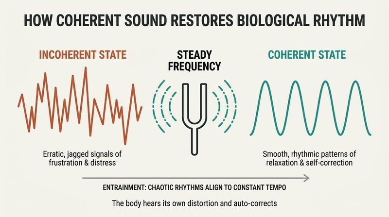 A horizontal transformation diagram showing a chaotic, jagged red wave on the left transitioning into a smooth, rhythmic teal wave on the right after passing through the steady frequency of a central tuning fork.