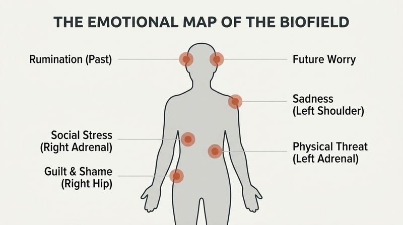 Symmetrical anatomical diagram mapping where specific emotions and stressors predictably locate around the left and right sides of the human body.