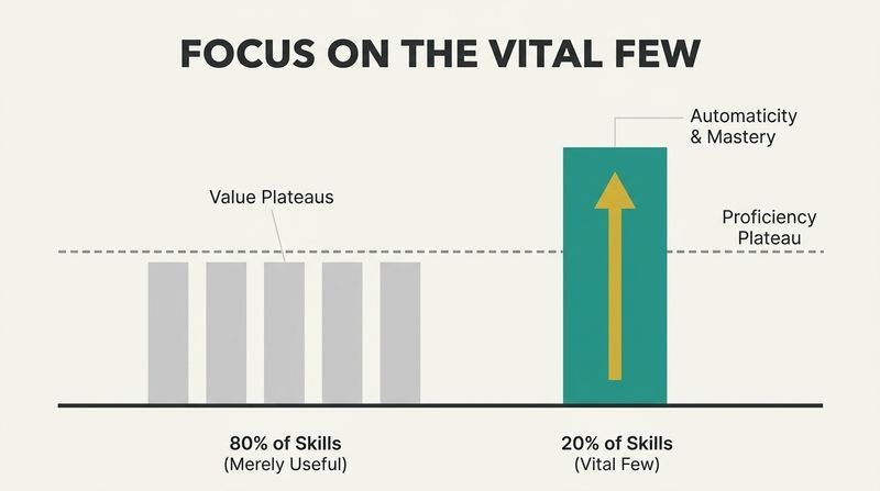 Split diagram comparing shallow practice of many skills that plateaus at basic proficiency with deep drilling of a vital few skills that breaks through to automaticity.