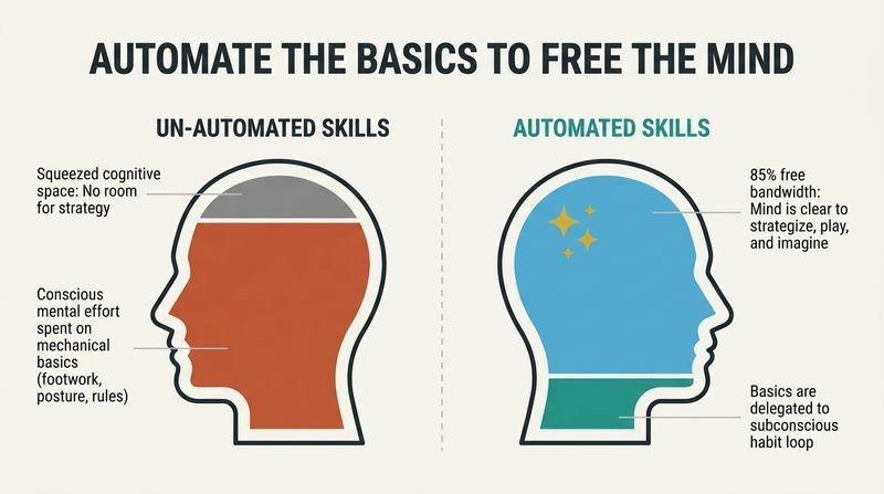 Split panel diagram comparing how un-automated basic skills overcrowd conscious thinking, while automated skills free up mental bandwidth for creativity.