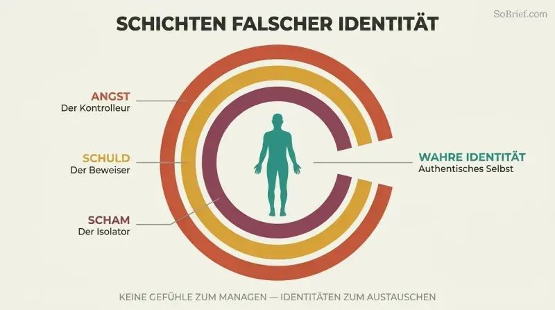Three concentric C-shaped arcs in warm colors labeled Fear, Guilt, and Shame surround a teal human silhouette, with an opening on the right revealing the true identity at center.