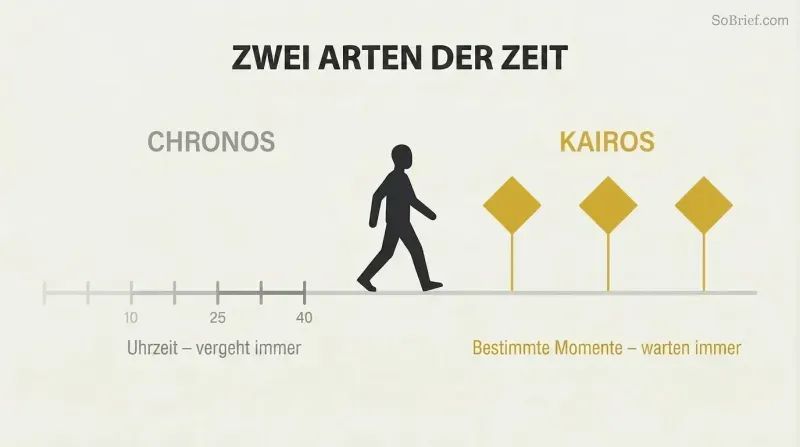 Walking figure on a path with faded gray chronos marks behind and golden kairos diamond markers anchored ahead.