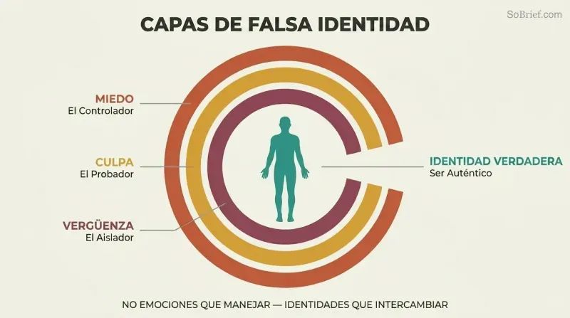 Three concentric C-shaped arcs in warm colors labeled Fear, Guilt, and Shame surround a teal human silhouette, with an opening on the right revealing the true identity at center.